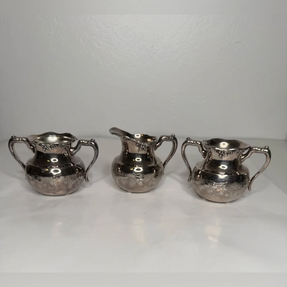 Antique The Van Bergh SP Co. Quadruple Plate Creamer Sugar Bowls USA Patina Rare